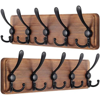 Rustic Wall Mounted Coat Rack: 16" Stud Spacing, Pine Real Wood Plank Wall Coat Rack with 5 Triple Hooks, Farmhouse Coat Hanger Wall Mount for Hanging Backpack Jacket Coat Hat,Pack of 2
