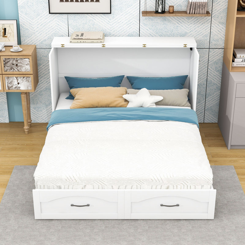 Lit escamotable double pleine grandeur avec tiroir et ports USB, Blanc