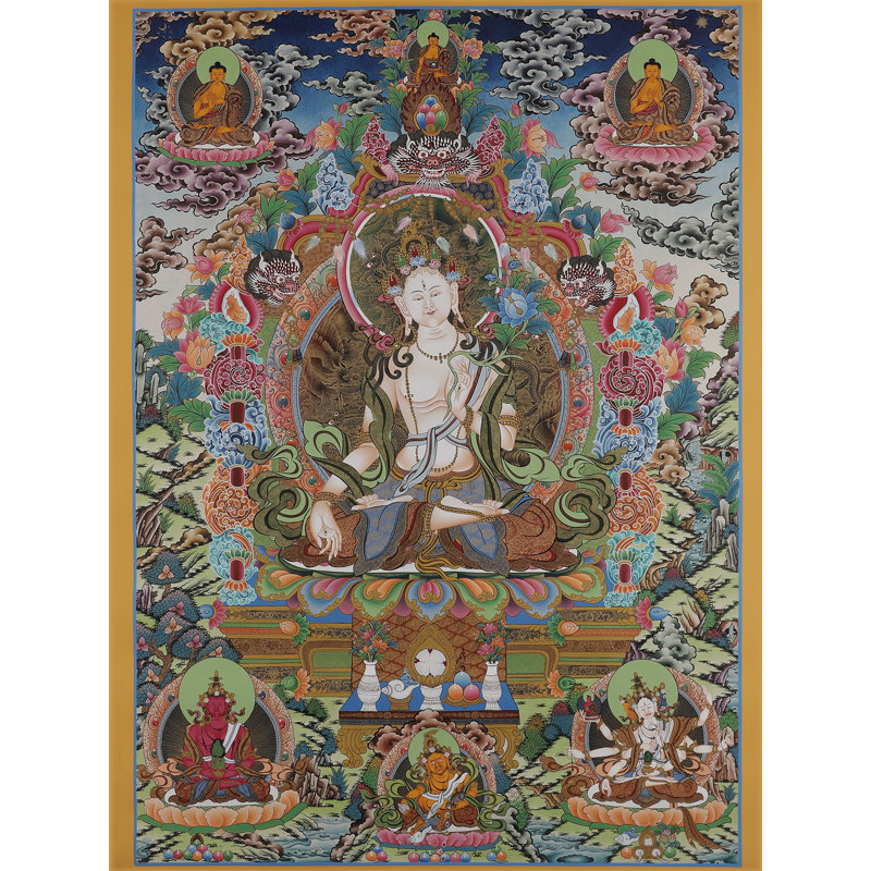 Thangka «Tara blanche - mère aux multiples yeux» peinte à la main | Toile de coton H 35 po x l 24,8 po avec feuille d'or véritable 24 carats