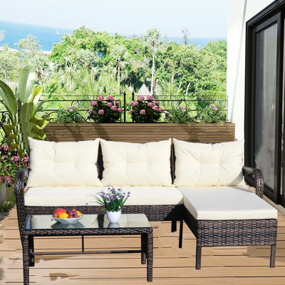 Ensemble de conversation pour patio 3 pièces: canapé modulaire avec coussins beiges - 2 places robustes, chaise longue relaxante, table basse élégante