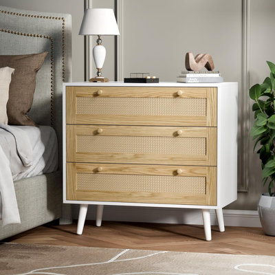 Rattan Dresser For Bedroom, Modern Wooden Dresser Chest With Handles For Bedroom, Hallway And Living Room, White