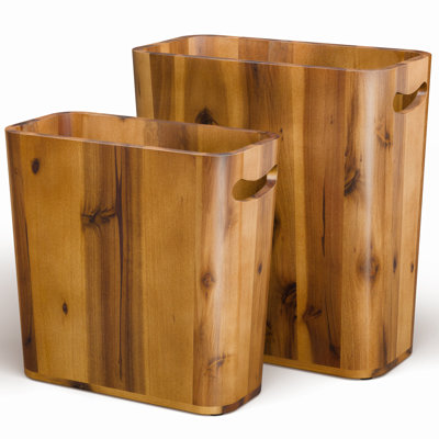 Set of 2 Acacia Wooden Wastebasket – Small Trash Can, Decorative Trash Can (2, Acacia, Large + Medium)