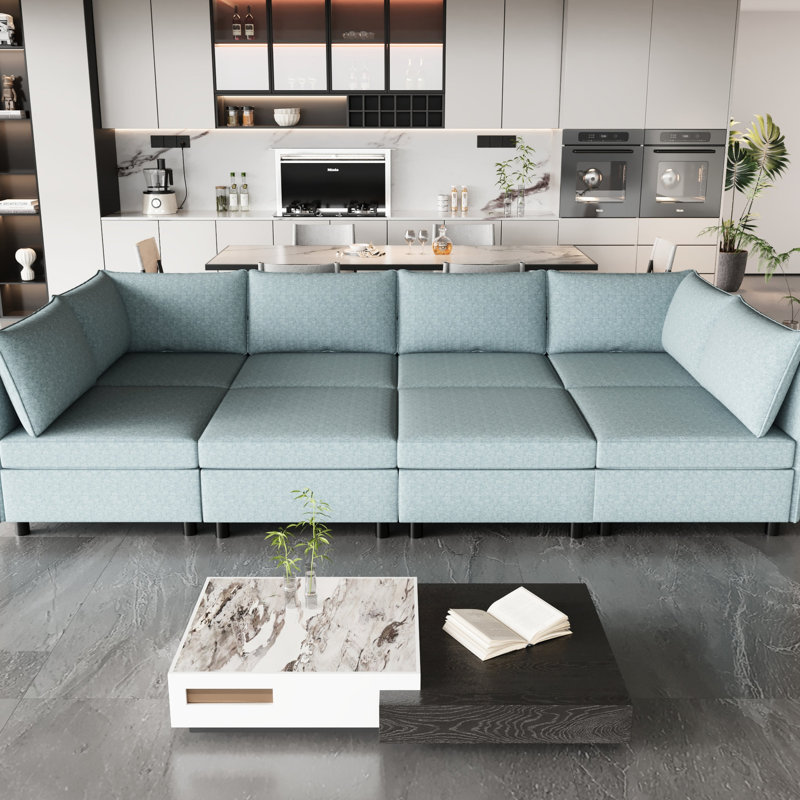 Modulaire avec canapé-lit et rangement, tissu chenille, bleu antique, 8 sièges, 128,53 po Profondeur, 123,52 po Largeur, 32,83 po Canapé-lit à hauteur réglable en chenille bleue, 8 po, 129 po Profondeur, 124 po Large