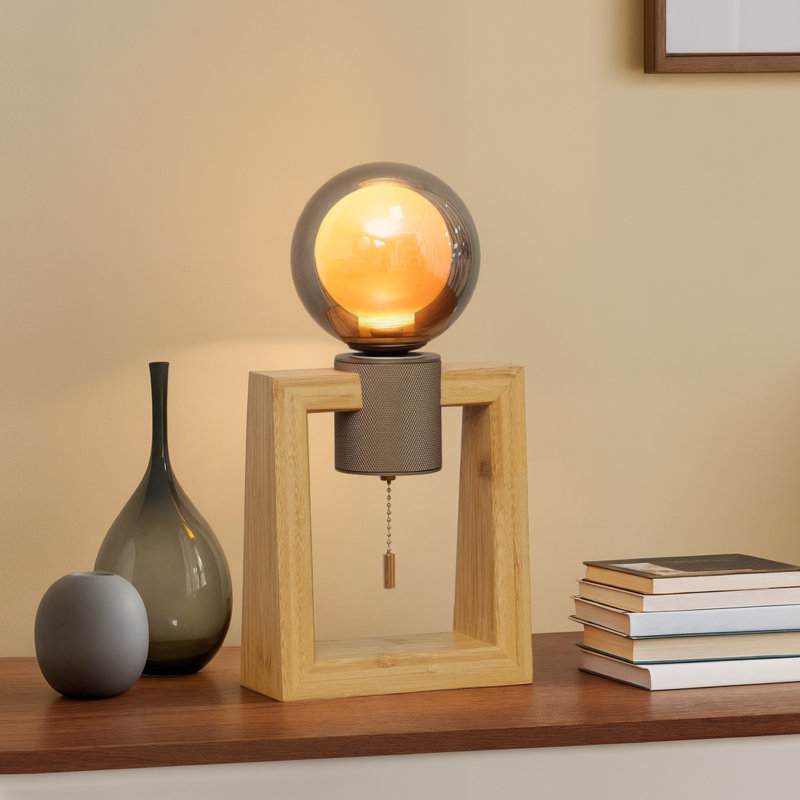 Lampe de table en bois massif à brancher, Gris fumée