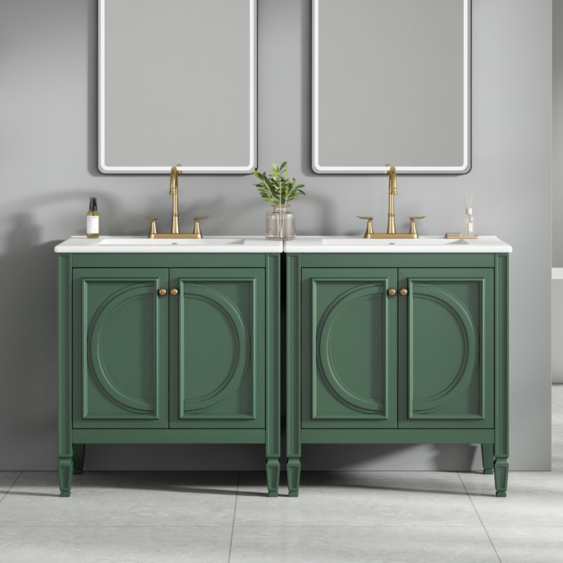 Meuble-lavabo double autoportant de 60 po de largeur avec charnières à fermeture douce, tablettes réglables et tiroirs, Vert