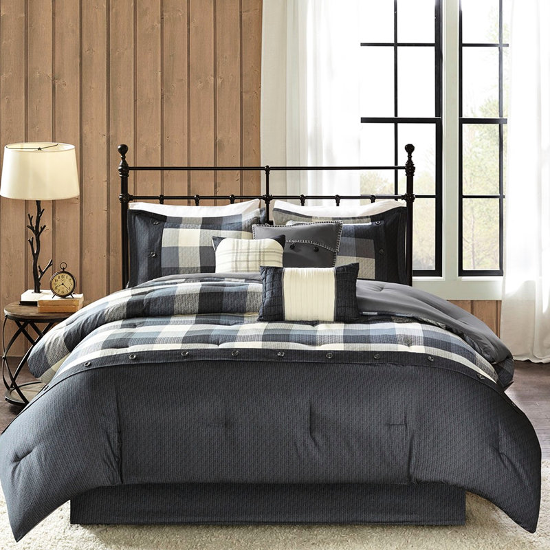 Édredon à chevrons gris 7 pièces S, garniture en tissu écossais Buffalo, édredon, 2 taies décoratives, 3 coussins décoratifs, jupe de lit, pièces de crête infroissables et froissables, thème facile à nettoyer