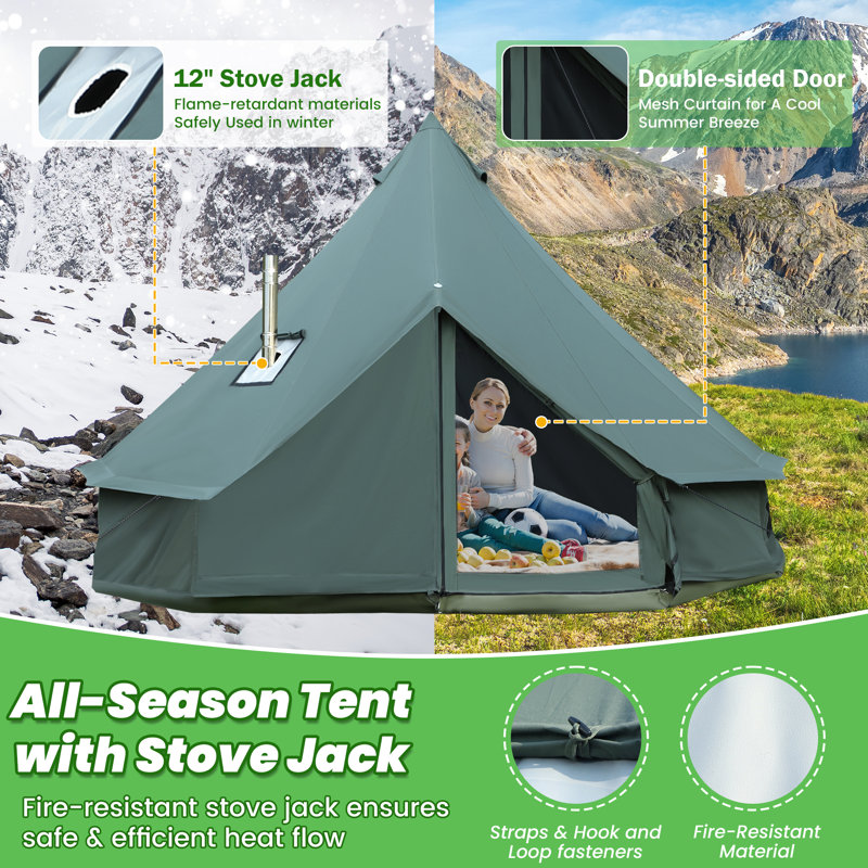 4m Cotton Canvas Bell Tent With Stove Jack, Roomy Yurt For Family Glamping Camping, 4 Season Tent With Zipped Removable Floor