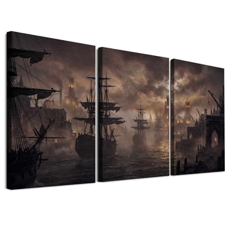 Ensemble de 3 toiles murales représentant des voiliers en silhouette dans un port brumeux, 36"H x 24"W x 3pcs