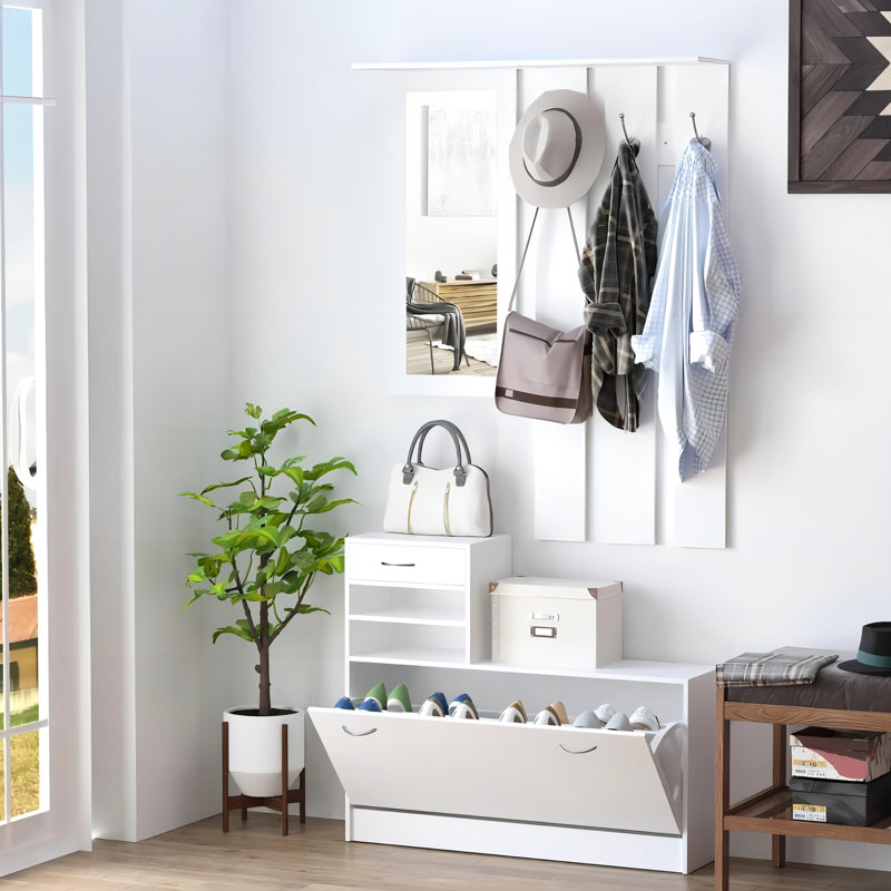 Cabinet With Shoe Cabinet, Hang Shelf, Mirror And Plenteous Storage Strong Build Hallway Generous Space