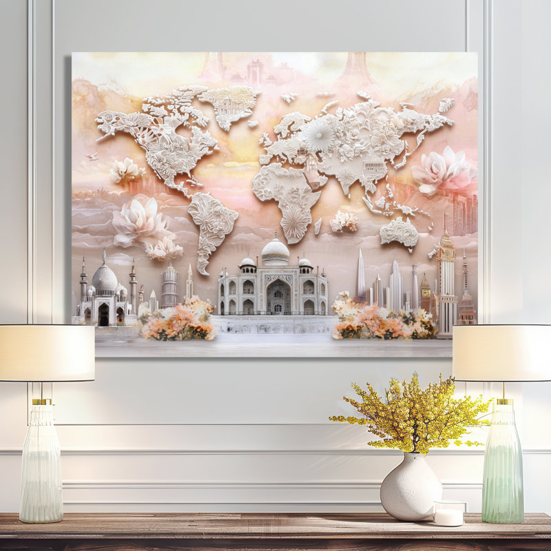 World Map With Landmarks I - Modern Metal Decor, World Map Metal Print, 24" H x 32" W