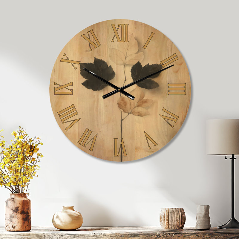 Horloge murale Quiet Leaf Sprig en bois massif noir style ferme, Large