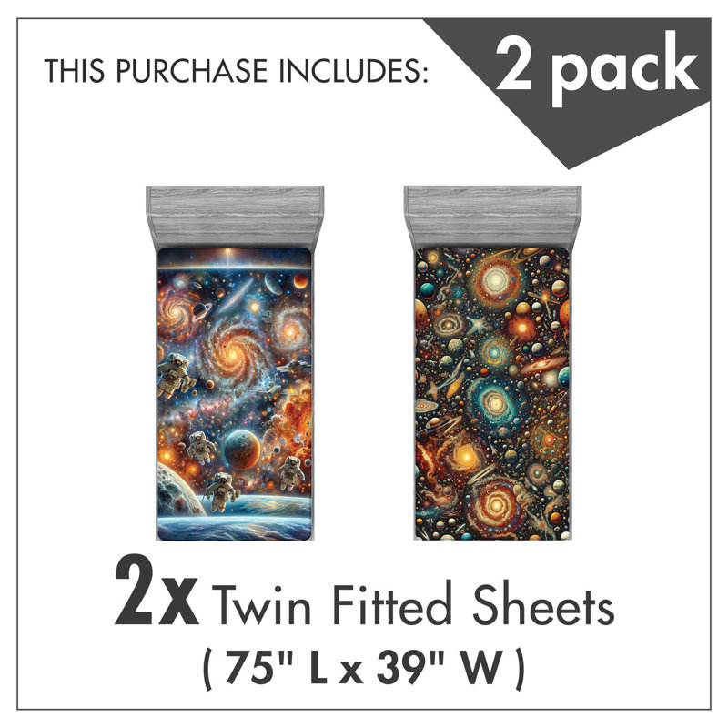 Ensemble de draps-housse Ambesonne Galaxy, ensemble de 2 astronautes Sci Fi, Drap-housse de taille simple