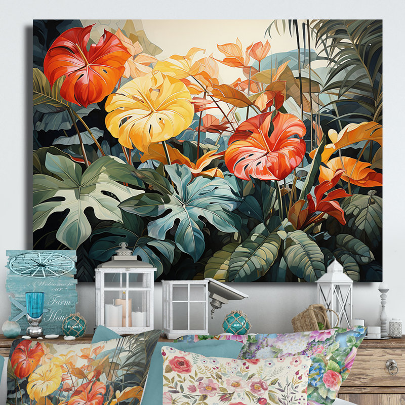 Décoration murale tropicale orange et vert I - Décoration murale en métal tropical, H 12 po x l 20 po x P 1 po