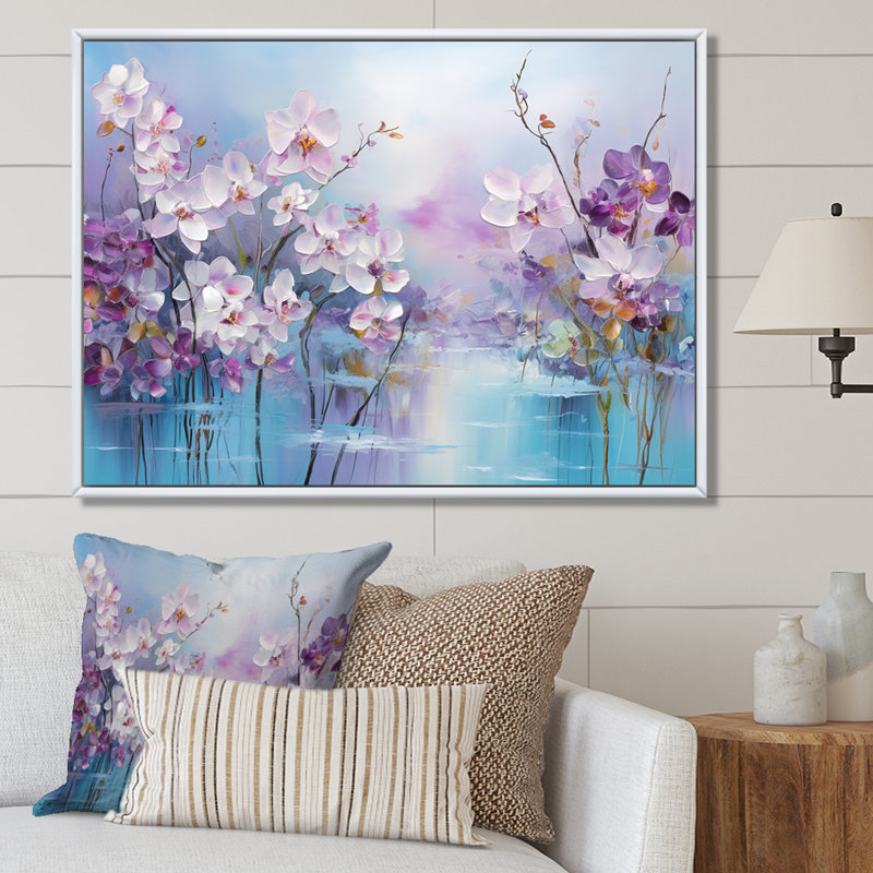 «Purple Pansies Blooming Field II», reproduction sur toile, Cadre naturel flottant, H 24 po x l 32 po
