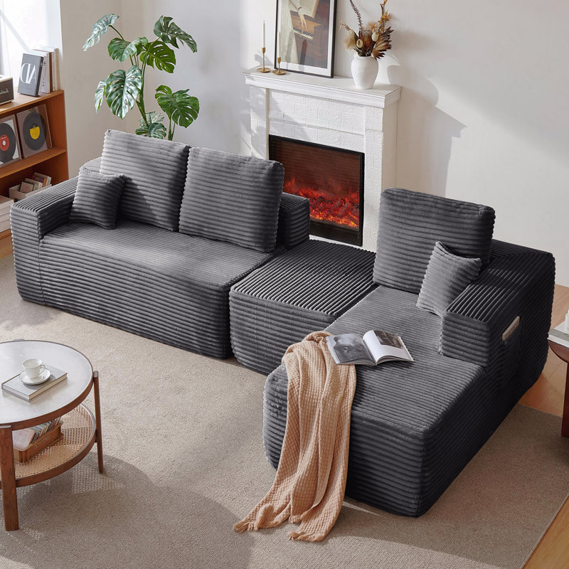 Canapé modulaire Cloud avec méridienne en U et poches latérales, conception modulaire moderne, assise profonde, canapé rembourré pour le salon / la chambre à coucher, aucun assemblage requis, gris, droite