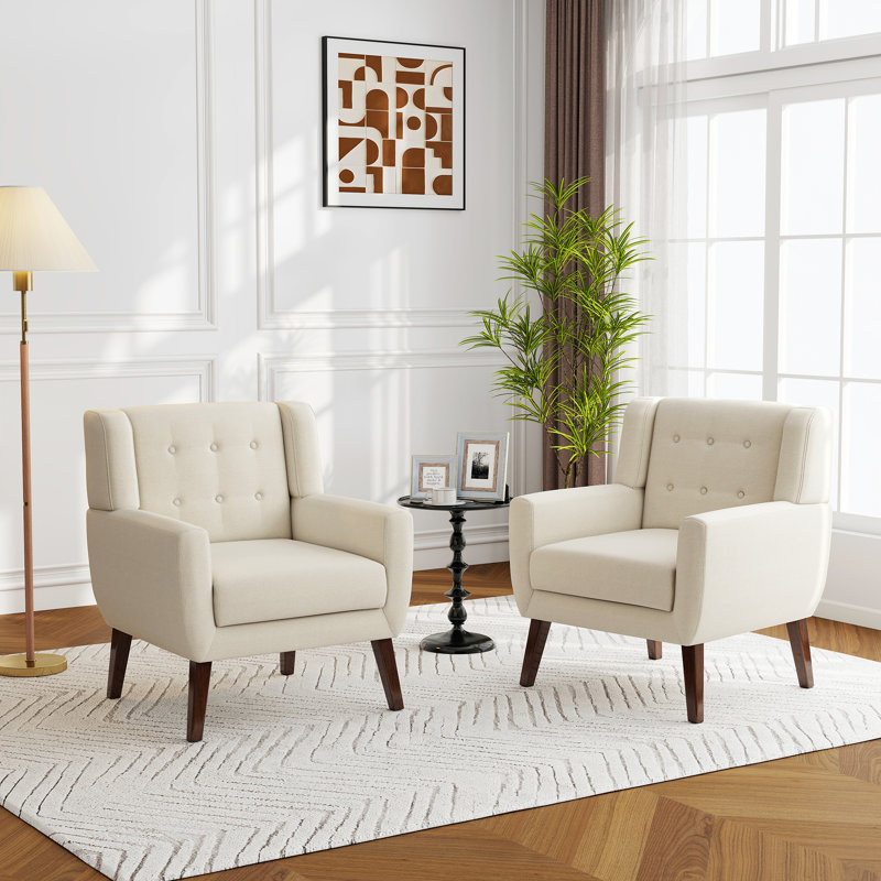 Stephanny 27.5" Wide Tufted Armchair with Solid Wood Legs, White Linen Blend