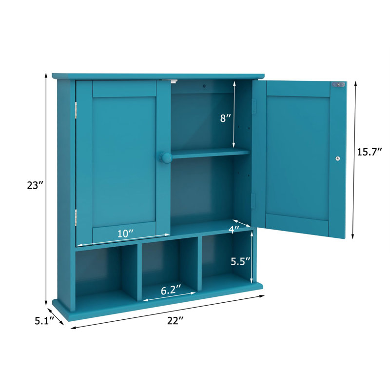 Minimalist style bathroom wall cabinet with 2 doors and adjustable shelves, Turquoise