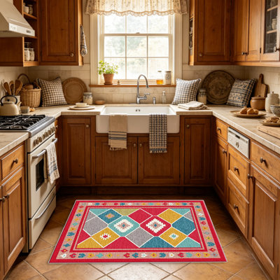 Tapis rouges multicolores Boho Heart pour le salon, doux et confortable, convient à toutes les saisons, facile à entretenir, tapis de sol intérieur lavable à la machine, sous la table de ferme convenant à la chambre à coucher, à la salle à manger, au bureau, au balcon, au patio