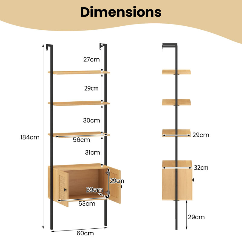 184cm H x 60cm W Metal Floating Bookcase, Black/Yellow