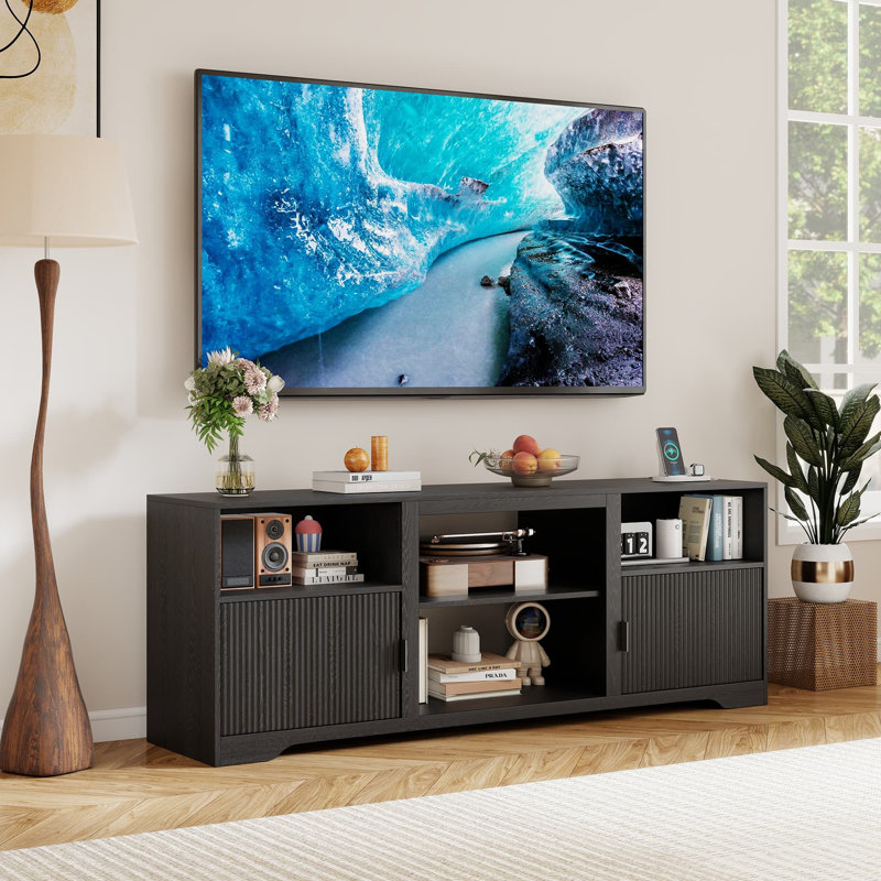 2-door Fluted Tv Stands For 50/55/60/65 Tv, Mid Century Entertainment Center With Storage, Black