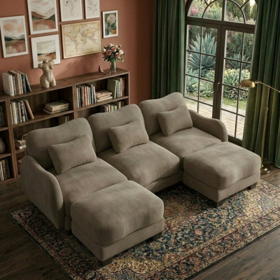 U-Shaped Sectional Sofa with Ottoman, Modern Chenille Recliner Loveseat, Removable Couch, Pocket Spring Cushions, Solid Wood Frame, Easy to Install