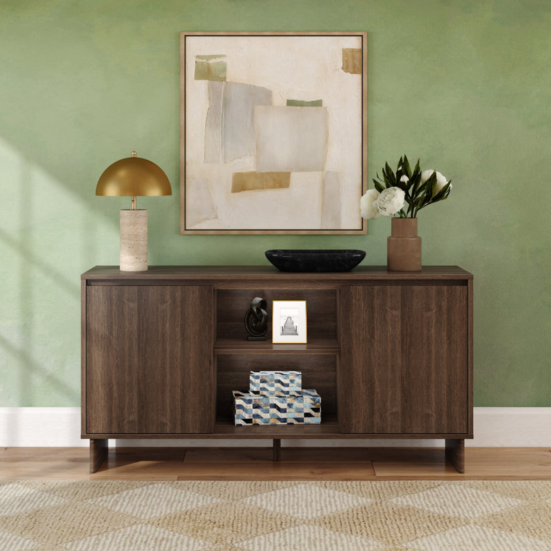 Meuble télé / buffet moderne 2 portes avec tablette centrale (59 x 16 x 30 po), noyer, H 30 po x L 59 po x l 16 po, Noyer