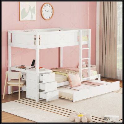 Twin-Over-Twin Bunk Bed With Twin Trundle, Storage Drawers, And Integrated Desk