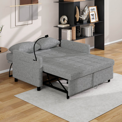 Canapé-lit convertible de 56,9 po, canapé-lit coulissant avec coussin de dossier réversible, poches latérales, deux ports USB et un support pour téléphone
