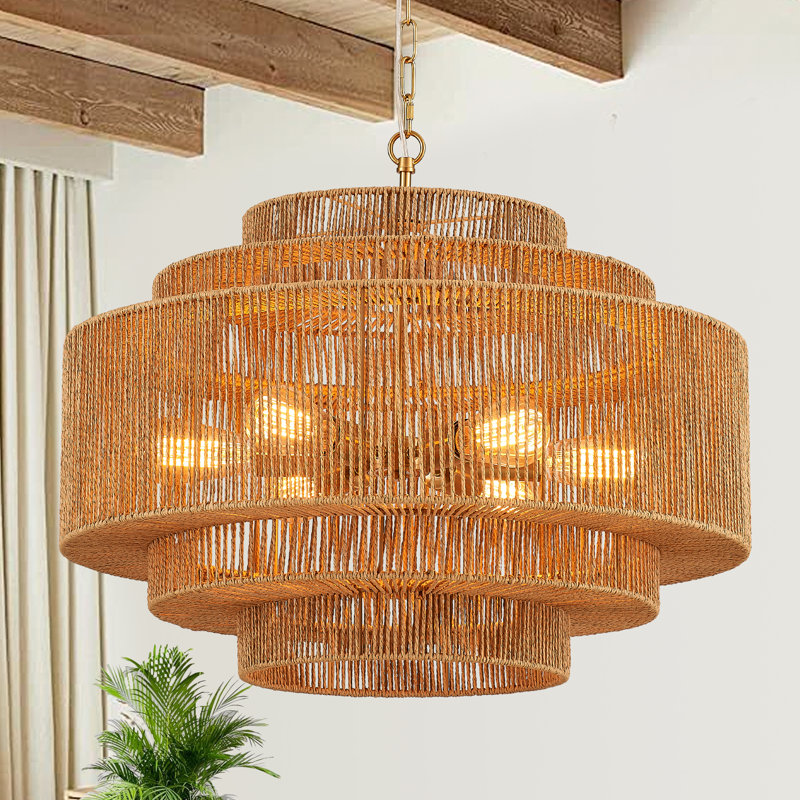 6-light Boho Hand Woven Drum Rattan Chandelier, 6, 3, Gold