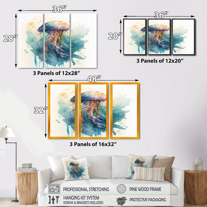 «Colorful Deepsea Jellyfish III», reproduction sur toile 3 pièces, H 28 po x l 36 po x P 1 po, Cadre flottant doré