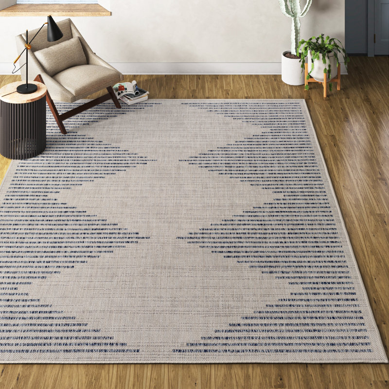 Tapis en polypropylène rayé bleu / crème Calliah, Rectangle 9 pi 2 po x 12 pi