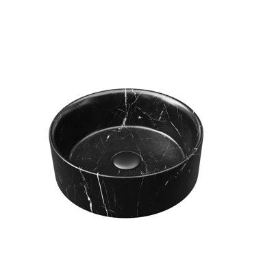 14'' Round Ceramic Bathroom Sink, Stone Pattern, Matte Black, Basin With Hazy Gray Veined, Easy To Keep Clean, 14.51 In Depth, 15.16 Lb Weight Sink Ceramic, Black Finish, Atmospheric Design, Stain -