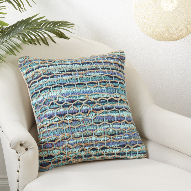 Handwoven Blue and Beige Cotton Jute Throw Pillow, 20x20