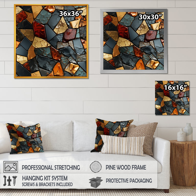 Cubic Mosaic Marble Tiles II - Abstract Tile Wall Art, Cadre doré simple, H 16 po x l 16 po x P 1 po