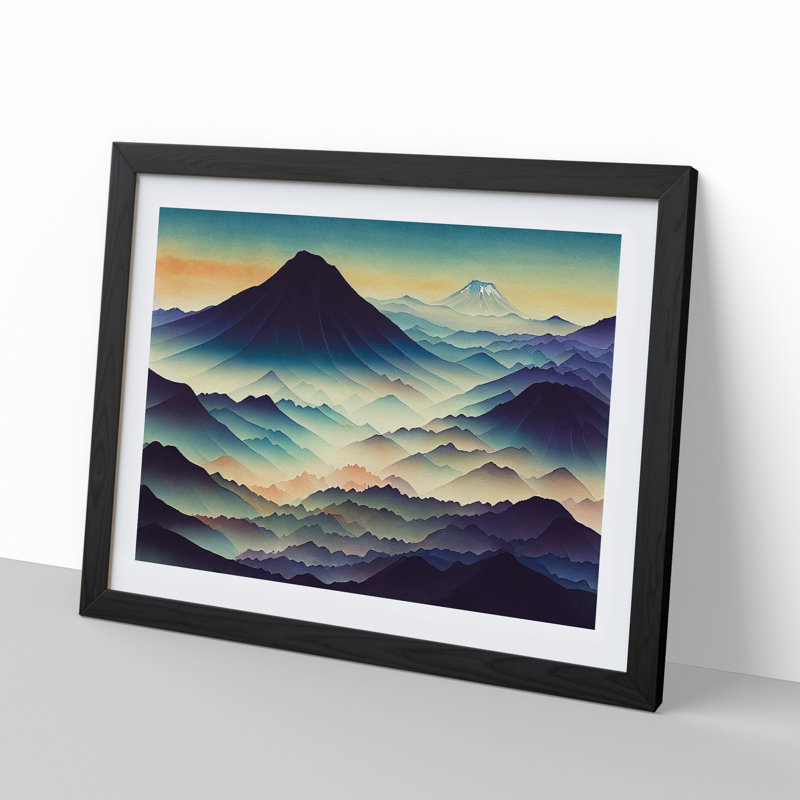 Japanese Mountain Watercolour Vol.2 - Single Picture Frame Print, Black Framed, 46cm H x 64cm W x 2cm D