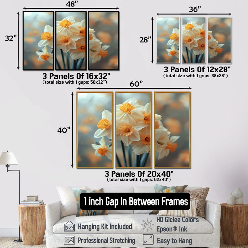Trompette de l'espoir, jonquilles - jonquilles, ensemble d'art mural, Toile argentée avec cadre flottant