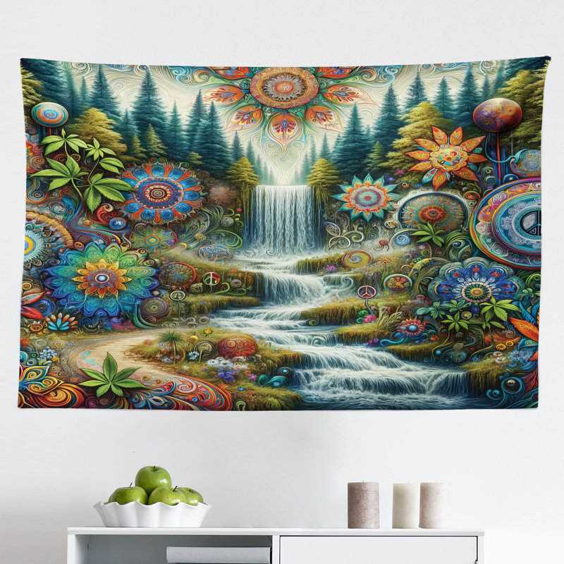 Winston Porter Trippy Wall Hanging Tapestry Wonderland Psychedelic Print Olive Green Multicolor, H 30 po x l 45 po
