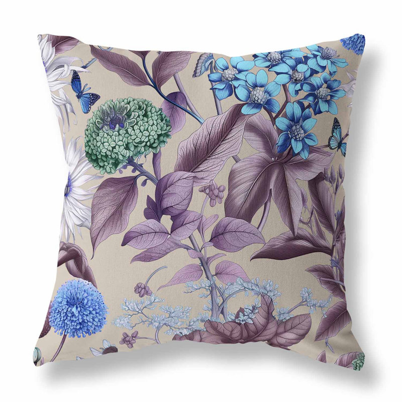 Coussin décoratif Garden Gracefulness Broadcloth, H 16 po x l 16 po, Bleu / mauve / taupe