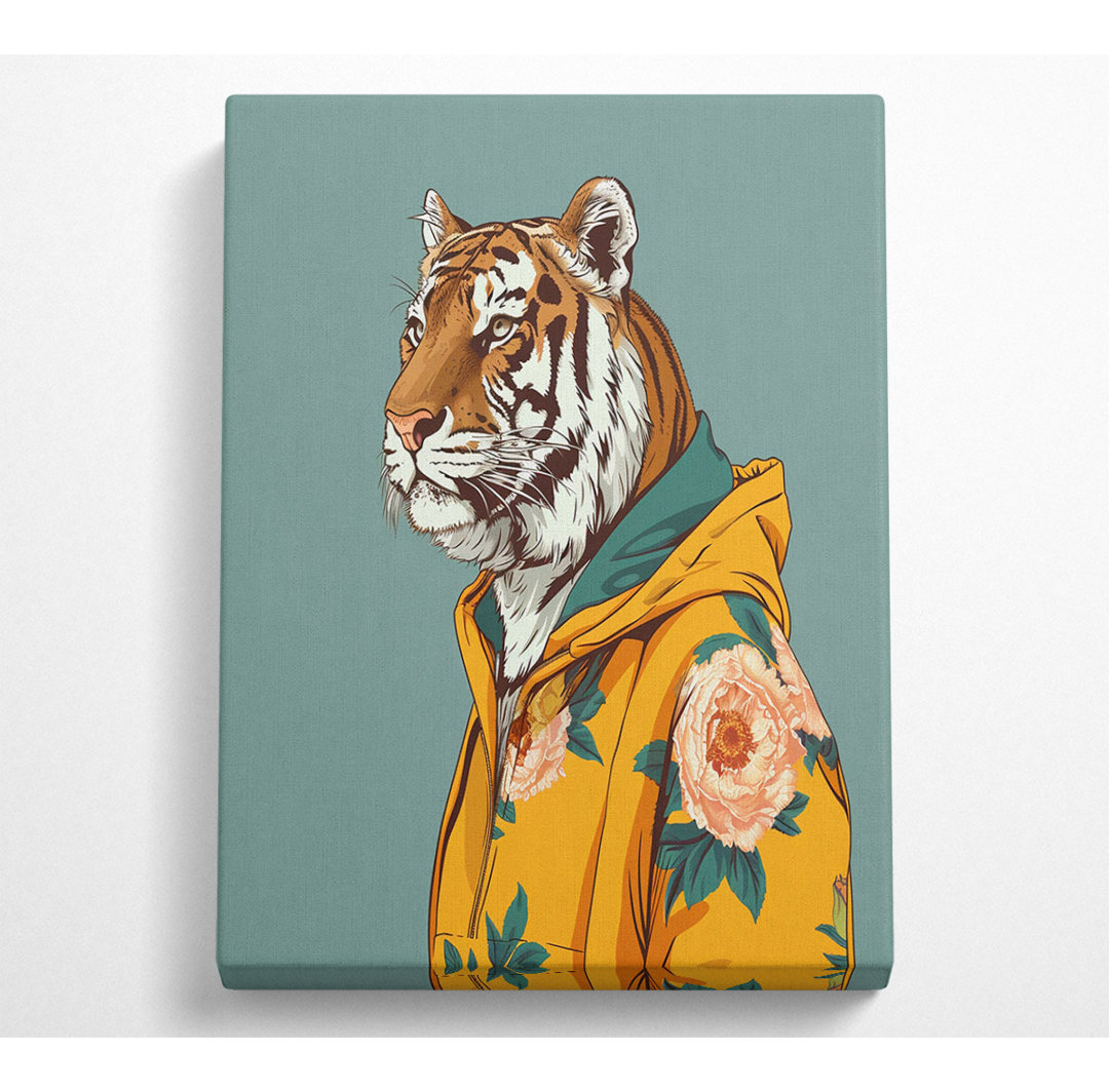 Tiger In A Yrllow Hoodie Canvas Druck