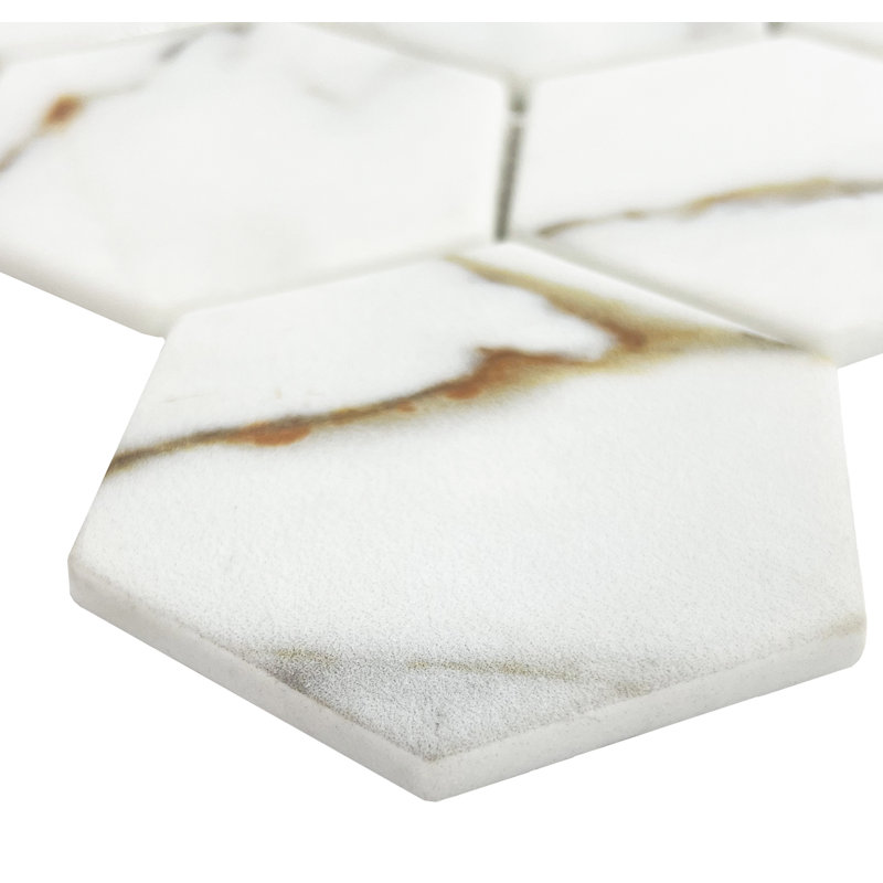 Vida Hex 12" x 11" Glass Mosaic Floor Use Tile, White Gold