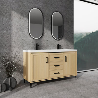 60" Freestanding Bathroom Vanity with Double Resin Sink, 2-Soft Closing Door & 3-Soft Closing Drawer