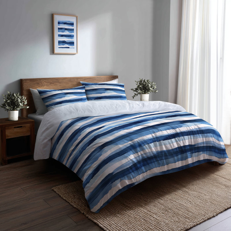 Ensemble de literie à rayures 3 pièces - Ensemble de housse de couette et coussin décoratif moderne bleu et blanc Calm Ocean Horizon
