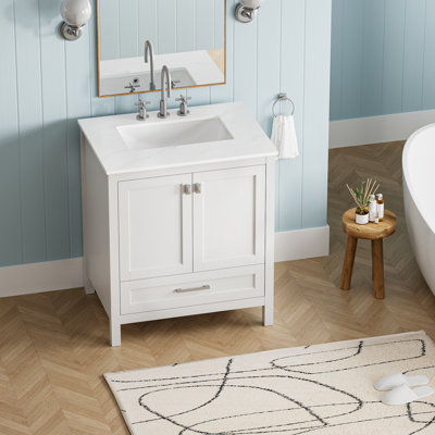 Meuble-lavabo de 30 po, armoire en bois massif blanc avec comptoir en marbre. Aspect, système de fermeture en douceur. Meuble-lavabo 24V03-30Wh entièrement assemblé, et marbre. Portes à fermeture chic.