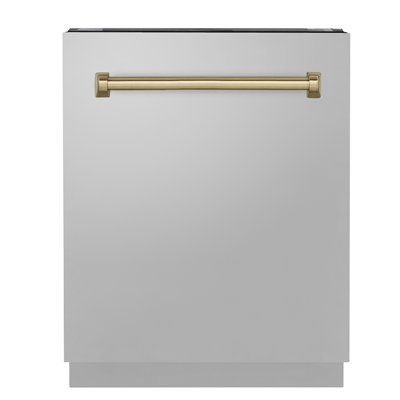 ZLINE Autograph 24 po. 3ème porte-lave-vaisselle, porte automatique, 51dBa, panneau en acier, poignée bronze