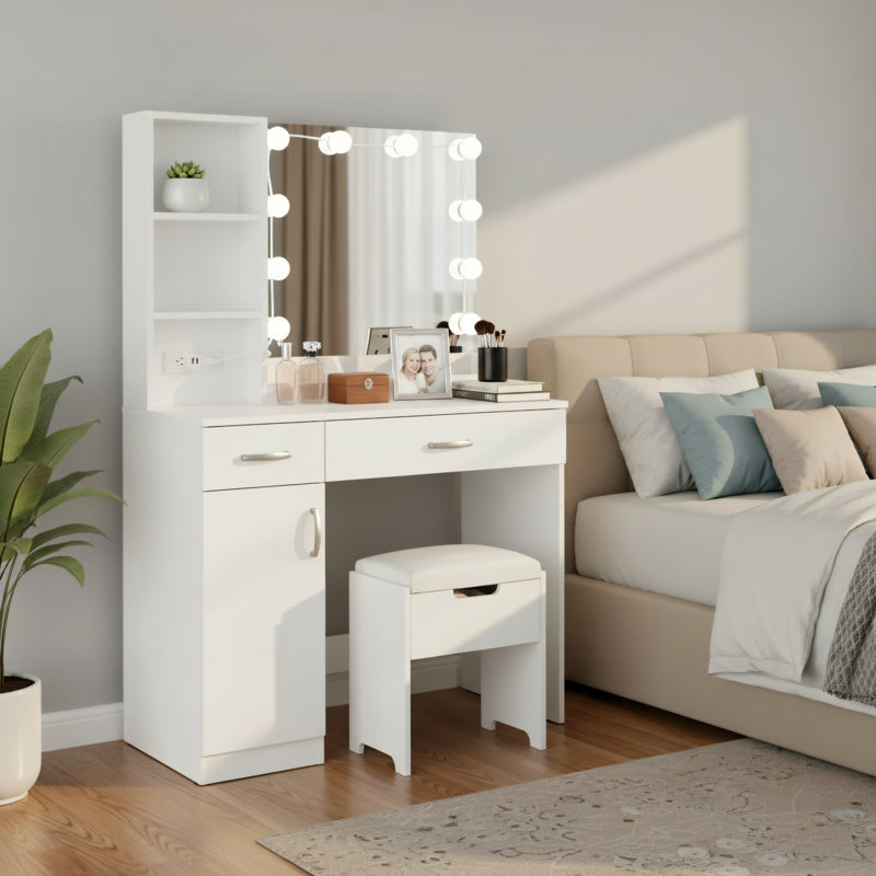 White, Vanity Table With Light And Mirror, Built-In Power Outlet + Multi-Layer Storage Shelves, Bedroom Dressing And Storage Integrated Vanity Table.