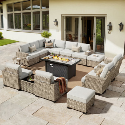 Wahkon 11 - Person Outdoor Conversation Set,  Wicker Patio Seating Group with Cushions, All Weather Sectional Sofa Set with Fire Pit for Garden, Backyard