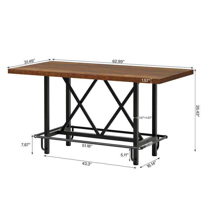 Dining Table For 6 People, Industrial Kitchen Table With Metal Footrest, Counter Height Dinner Table Rectangular Bar Table For Small Space, Apartment