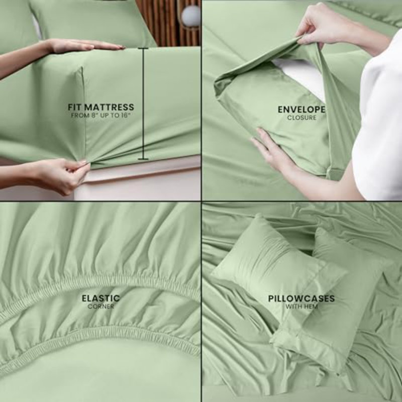 Full Sheet Set – 4 Piece Bed Sheets For Full Size Bed, Soft And Breathable Microfiber, Includes 1 Fitted Sheet, 1 Flat Sheet And 2 Pillowcases (Sage)