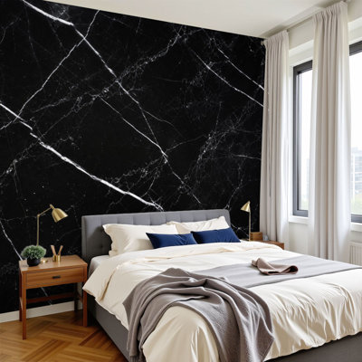Papier peint adhésif pelez et collez, veines de marbre noir et blanc, H 100 po x l 144 po pour chambre à coucher