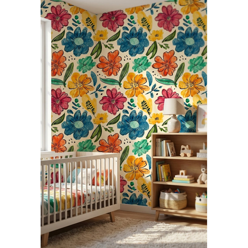 Papier peint floral, décoration murale bohémienne colorée
